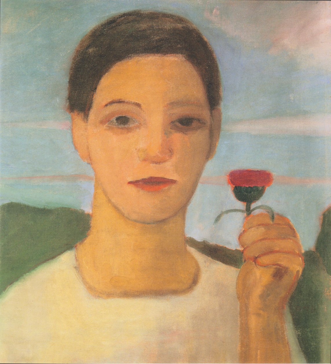 Ritratto della sorella Herma con fiore di carciofo nella mano alzata da Paula Modersohn Becker