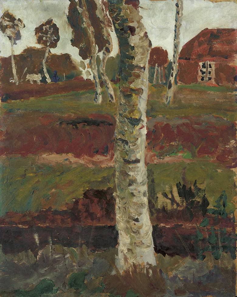Tronco di betulla al fossato della brughiera davanti a paesaggio con casa da Paula Modersohn Becker