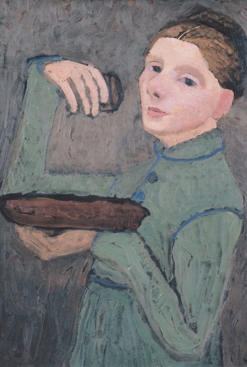 Autoritratto, mezza figura a sinistra, con una ciotola e un bicchiere da Paula Modersohn Becker