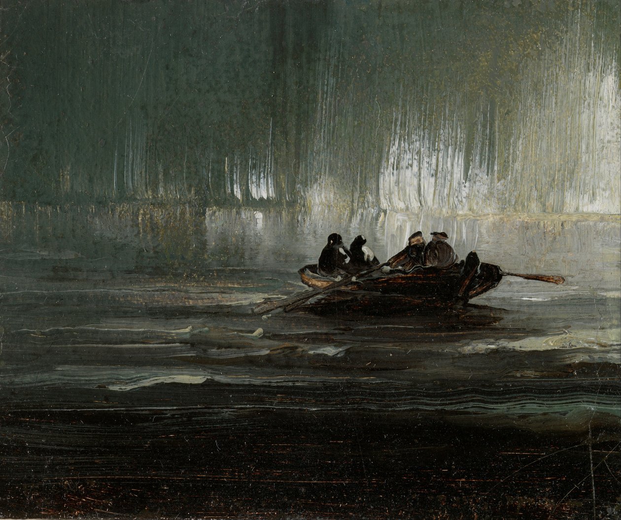 Aurora boreale su quattro uomini in barca a remi da Peder Balke
