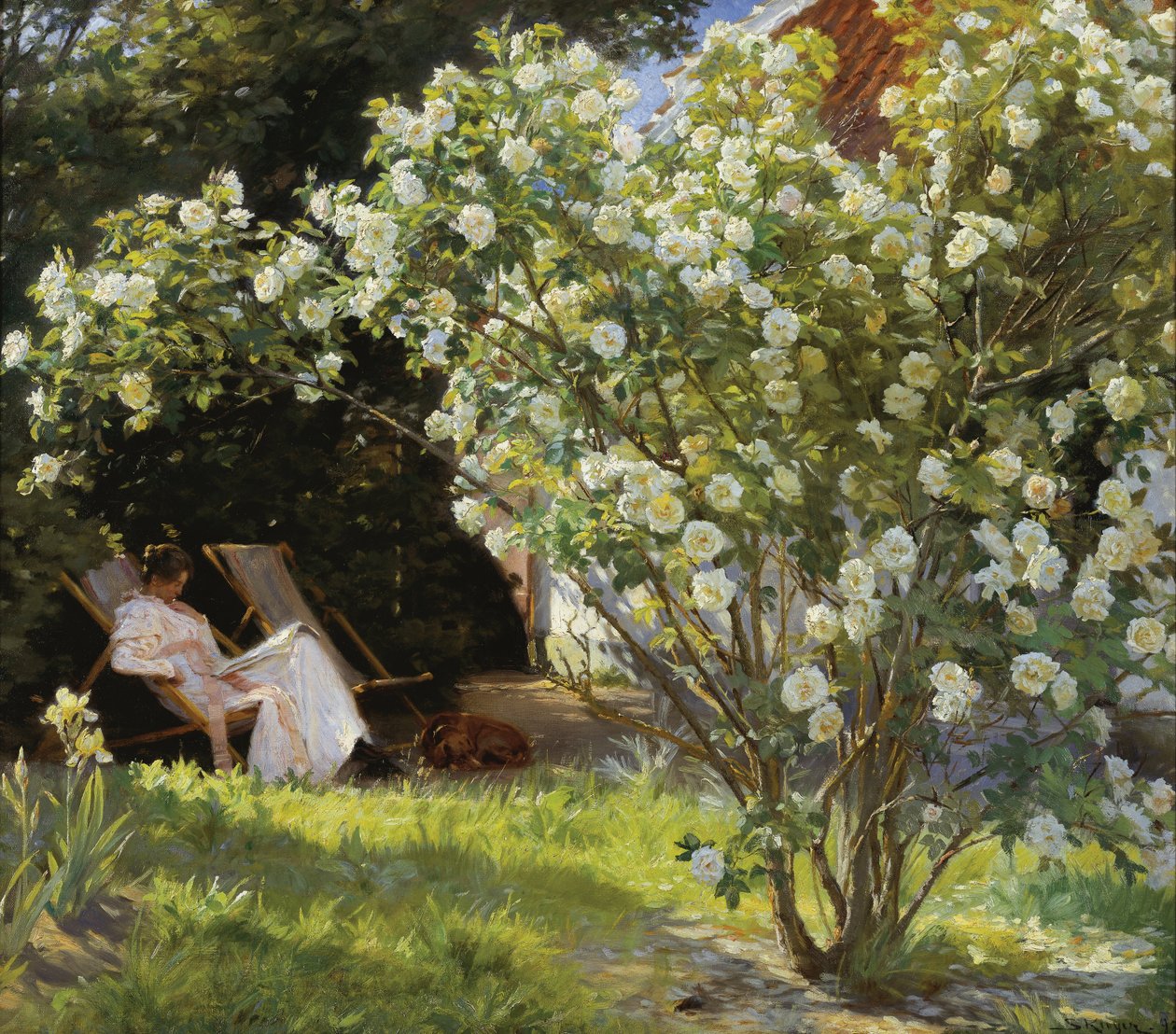 Marie Krøyer seduta sulla sedia a sdraio nel giardino della casa di Mrs Bendsen da Peder Severin Krøyer