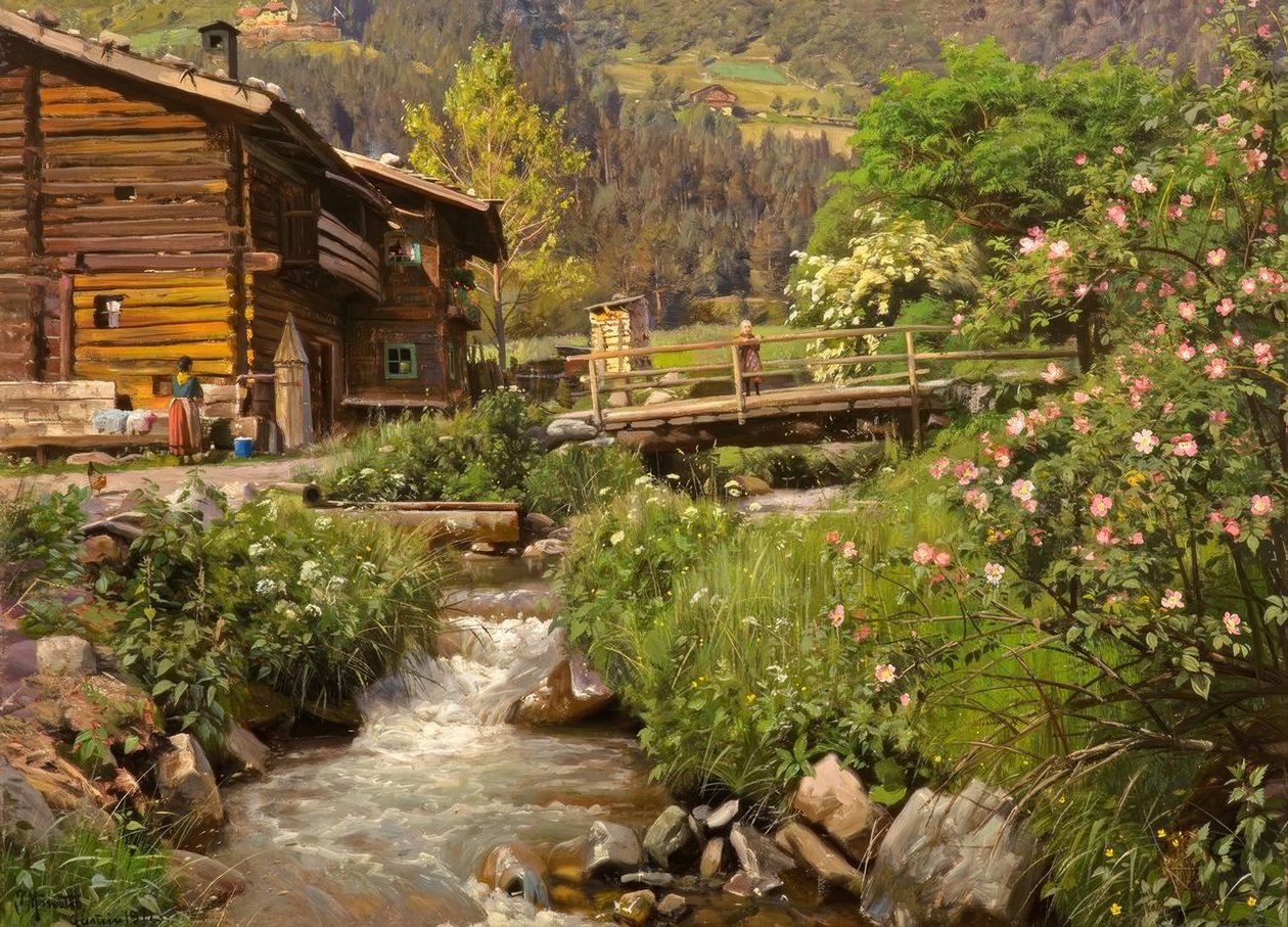 Capanna di montagna al ruscello da Peder Monsted