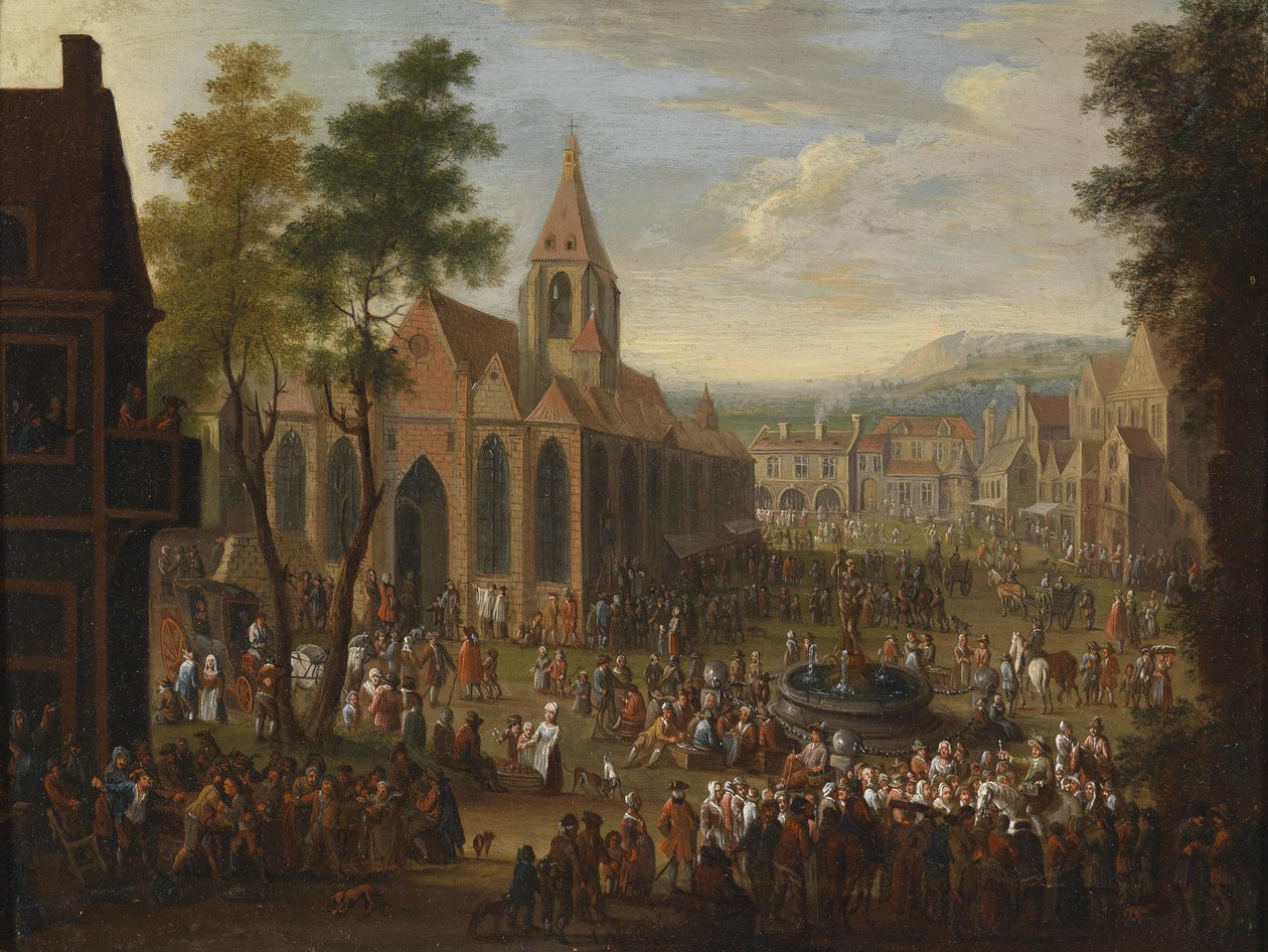 Una festa in una piazza cittadina con numerose figure da Peeter van Bredael