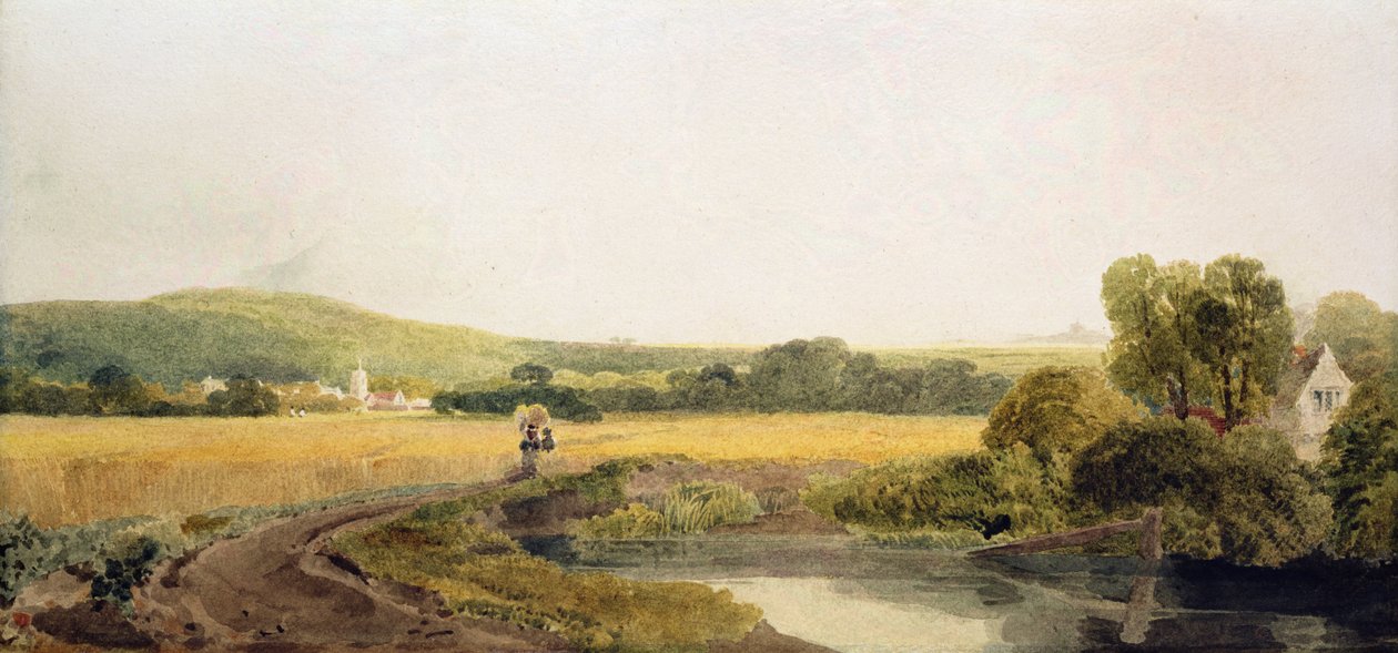 Un campo di grano vicino a un villaggio nella valle del Tamigi da Peter de Wint