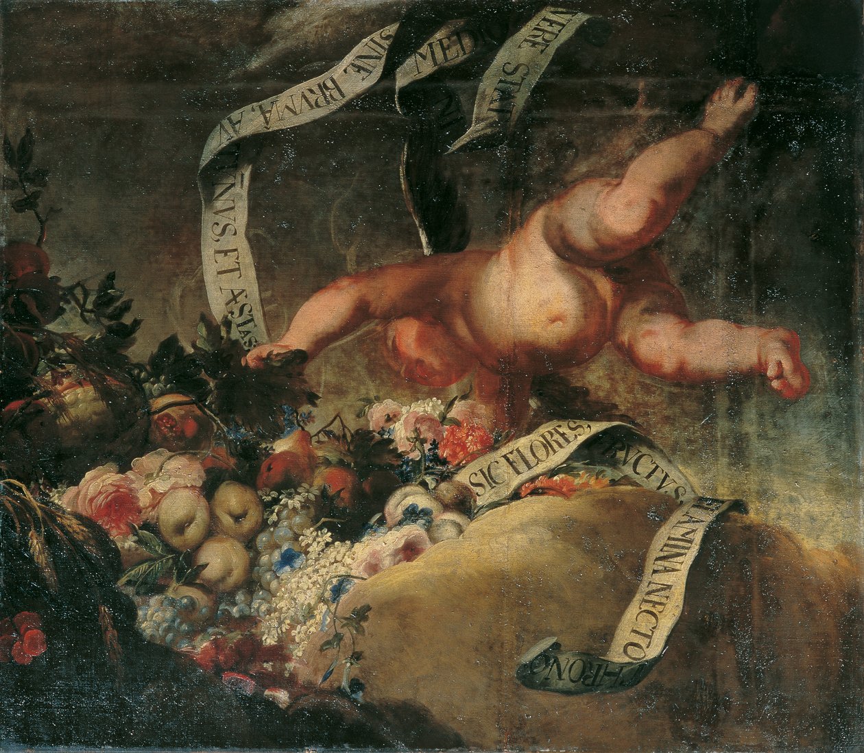 Putto con fiori, frutti e nastro con scritta da Peter Strudel