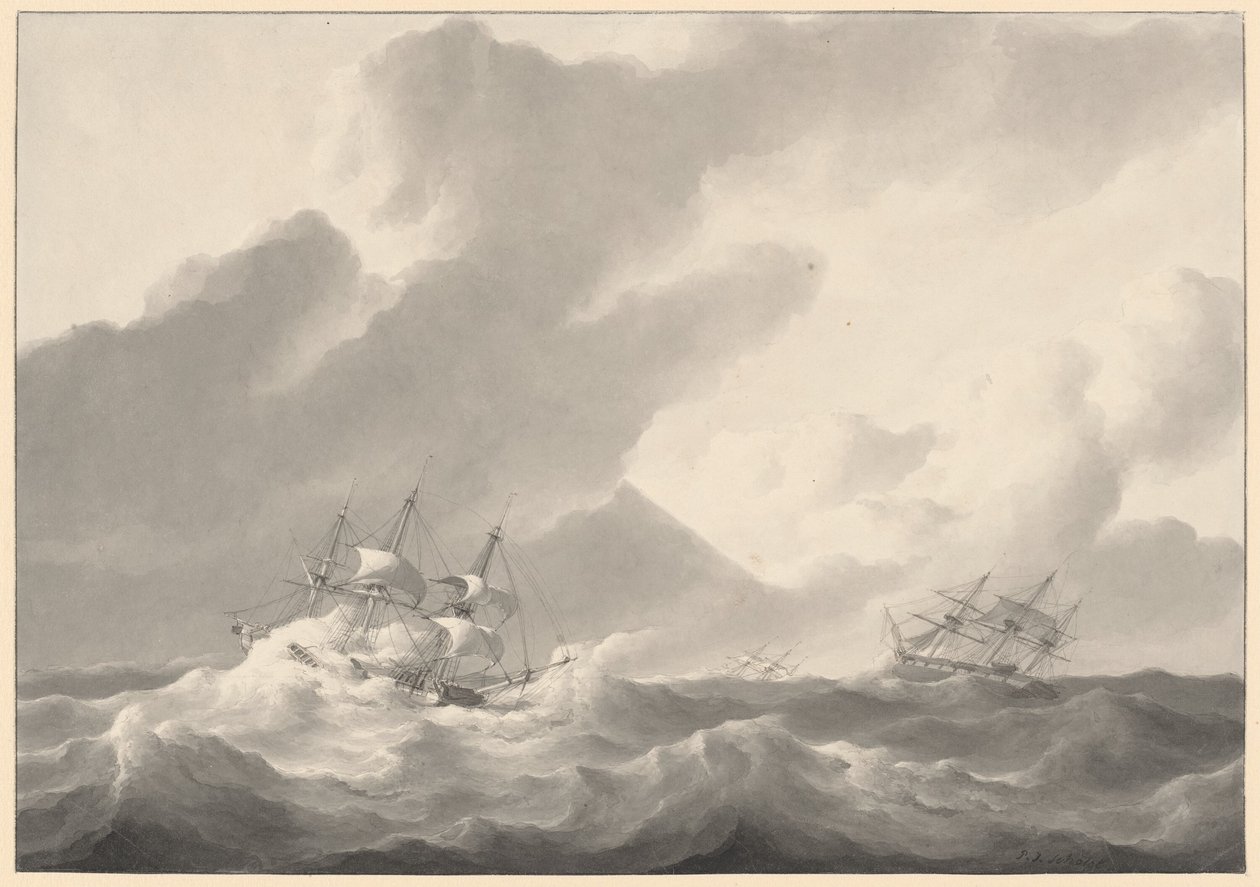 Navi in un mare tempestoso da Petrus Johannes Schotel