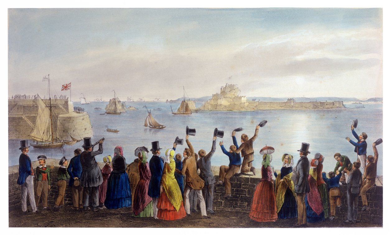 Lo squadrone reale che entra nella baia di St. Aubin, 2 settembre 1846, dalla visita della regina Vittoria a Jersey, inciso da H. Walter, 1847 da Philip John Ouless