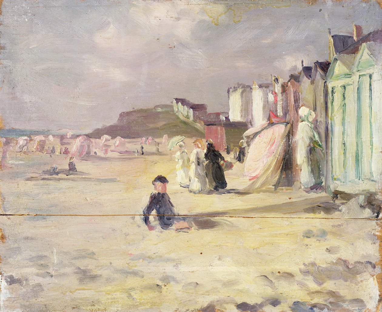 Figure che camminano accanto a una fila di cabine da spiaggia da Philip Wilson Steer