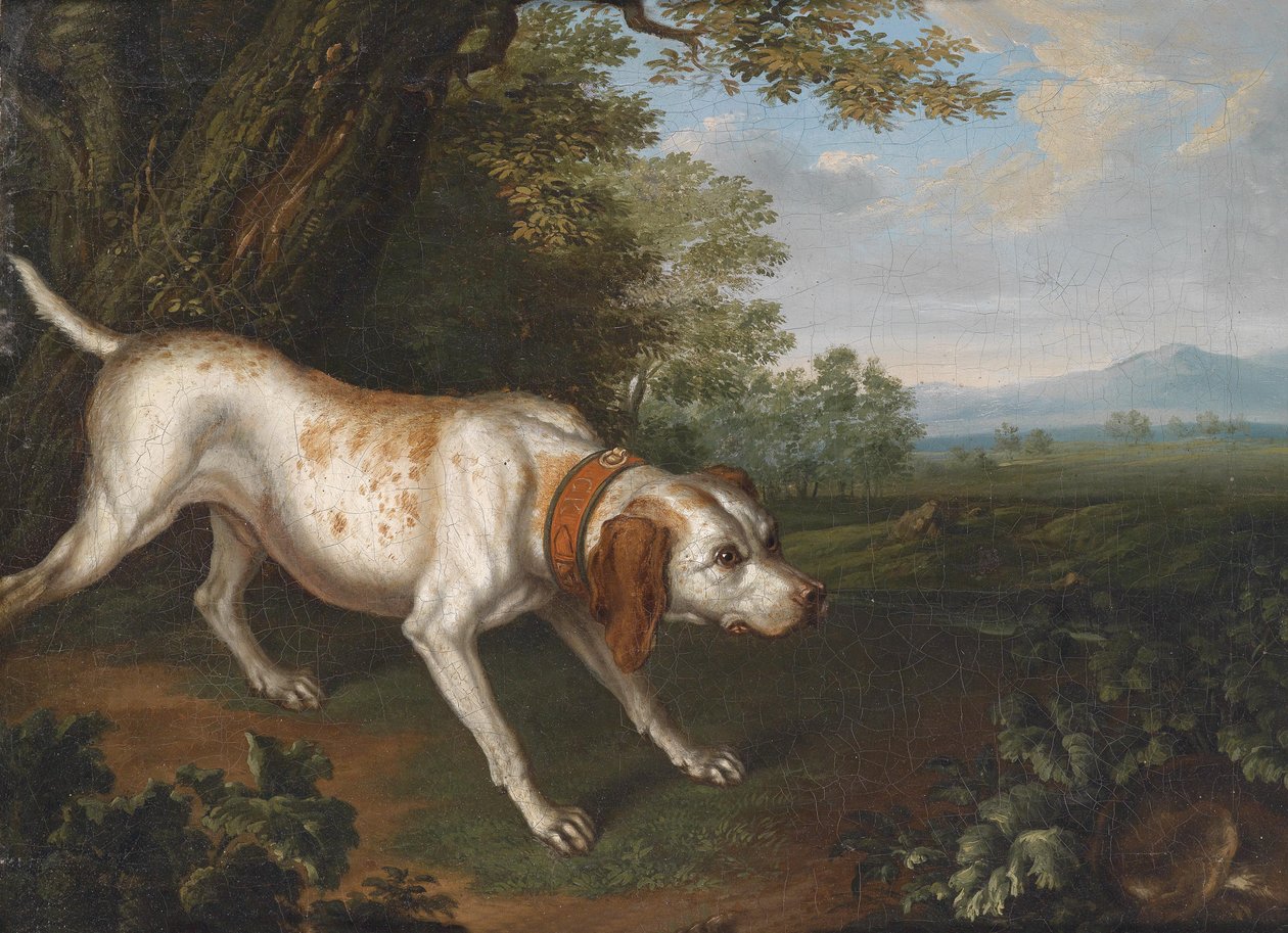 Un cane da caccia che fiuta la preda in un paesaggio da Philipp Ferdinand de Hamilton