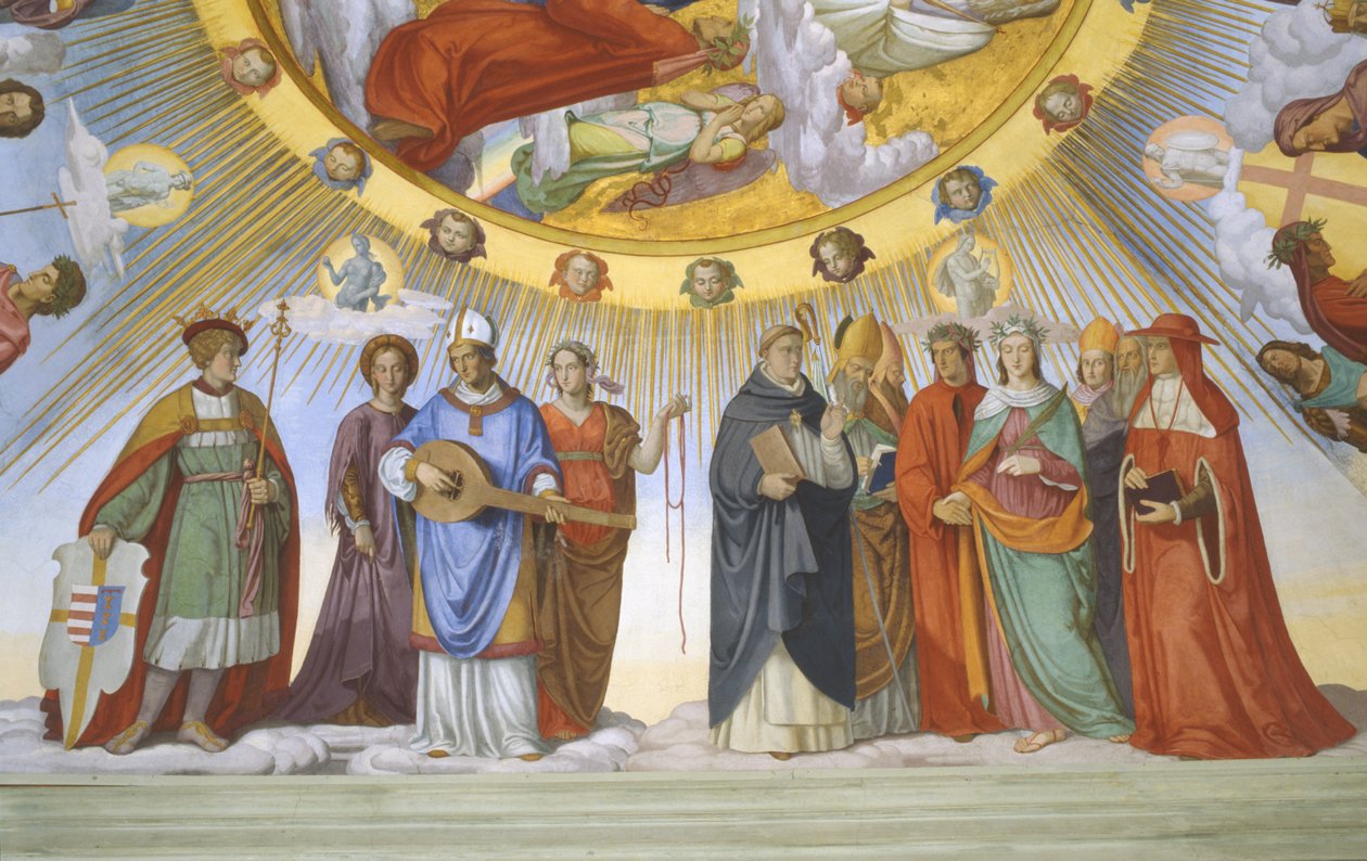 Volta della stanza di Dante (dettaglio): Dante, Beatrice, Imperatrice Costanza, la Clarissa Piccarda Romeo da Villanova e l