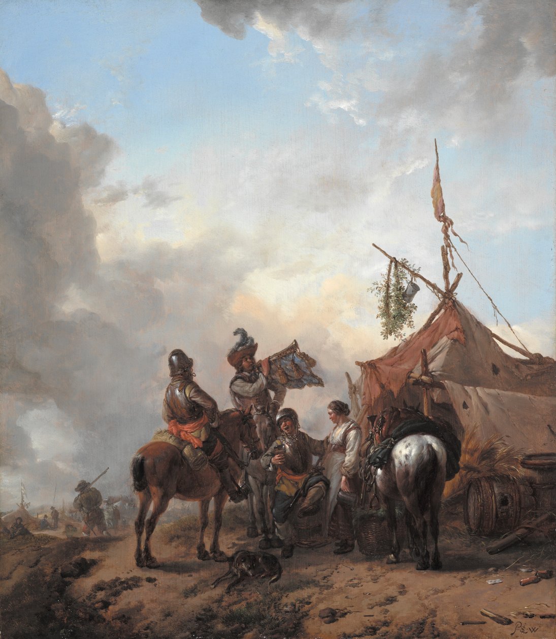 Soldati che festeggiano con una serva fuori da una tenda da Philips Wouwerman