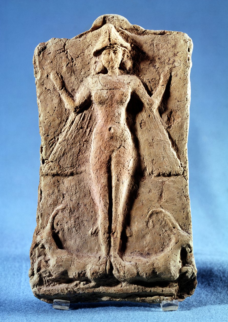 Placca raffigurante una dea alata, possibilmente Ishtar, in piedi su due stambecchi, da Ras Shamra (Ugarit) 3° millennio a.C. da Phoenician