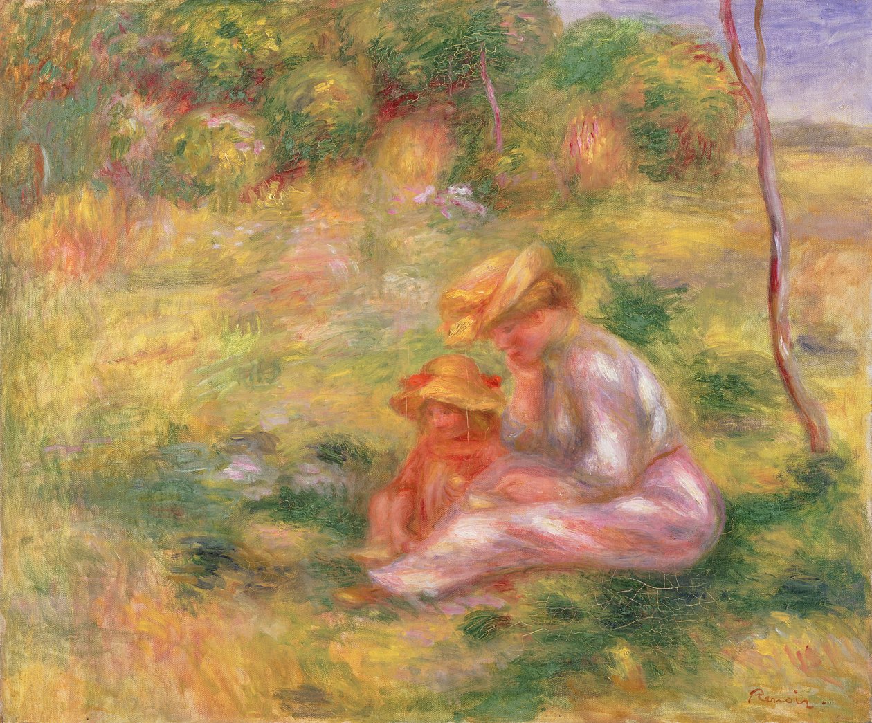Donna e bambino seduti in un campo, c.1898 da Pierre Auguste Renoir