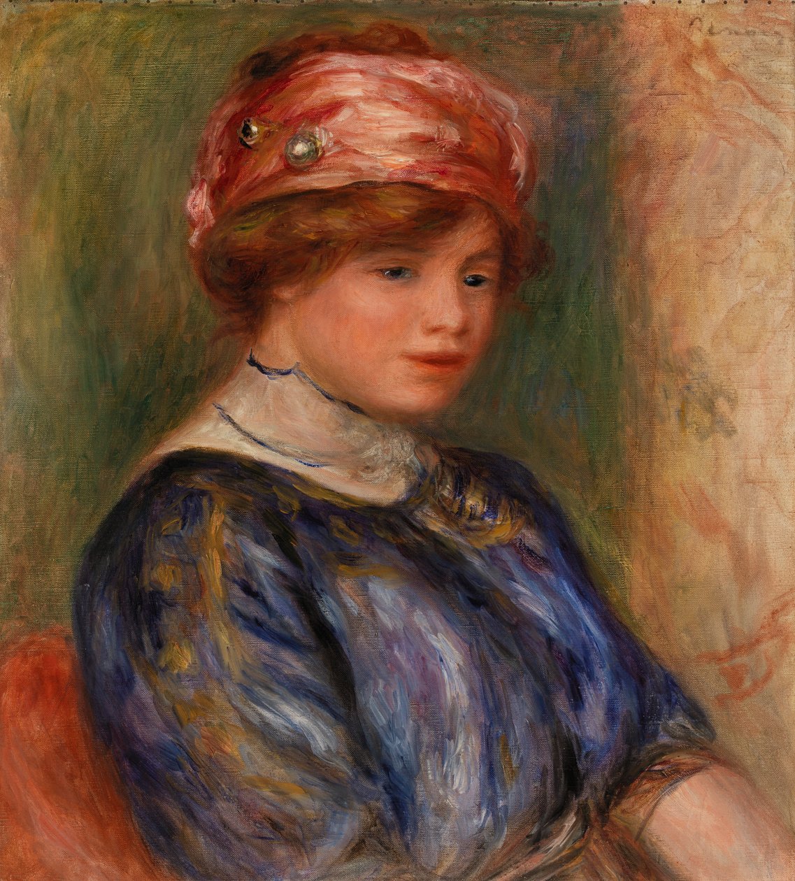 Giovane donna in blu, busto da Pierre Auguste Renoir