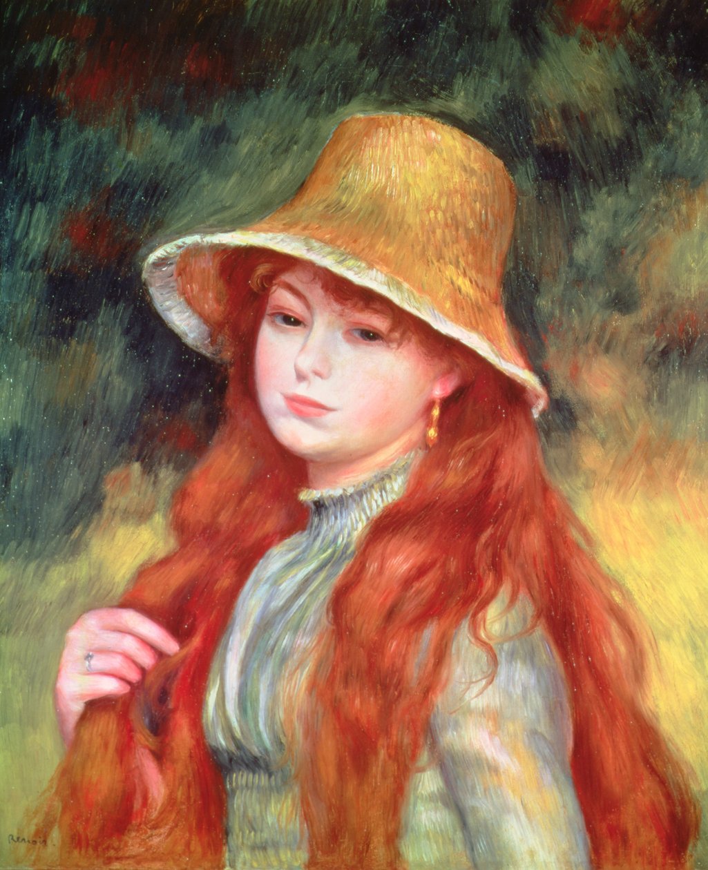Giovane ragazza con capelli lunghi, o Giovane ragazza con cappello di paglia da Pierre Auguste Renoir