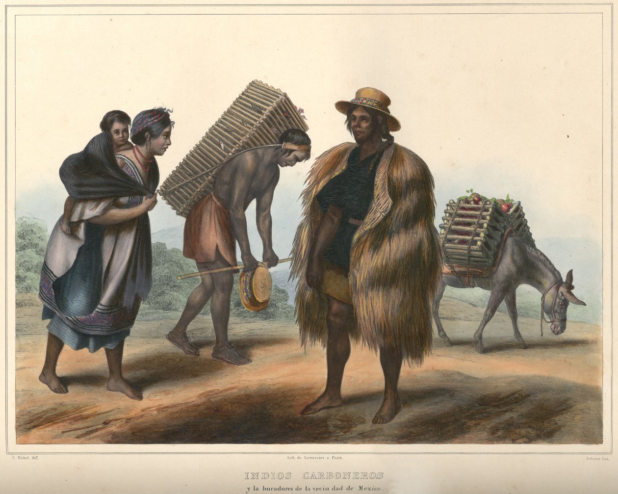 Indios Carboneros, gruppo in costume. Litografia colorata a mano evidenziata con gomma arabica. Dimensione originale (linee nette) da Pierre Frédéric Lehnert