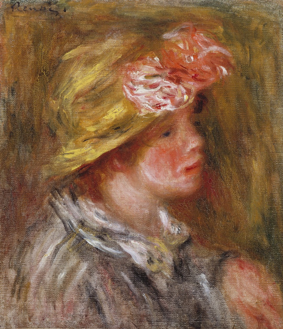 Giovane donna con un cappello fiorito da Pierre Auguste Renoir