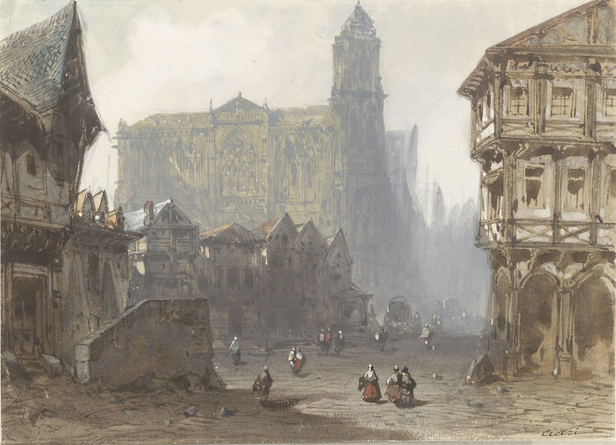 La Vecchia Piazza del Mercato a Rouen da Pierre Luc Charles Ciceri