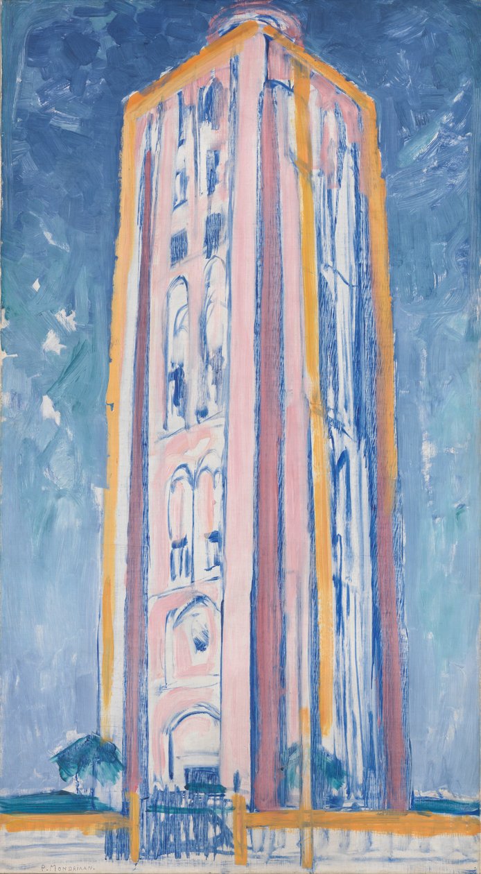 Faro a Westkapelle in arancione, rosa, viola e blu da Piet Mondrian