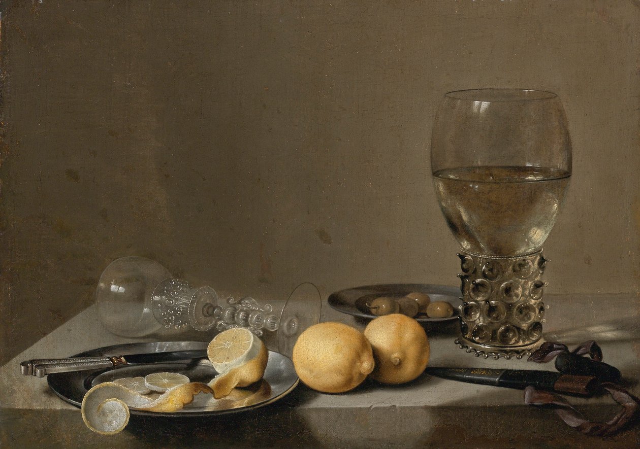 Natura morta con due limoni, un bicchiere veneziano, Roemer, coltello e olive su un tavolo da Pieter Claesz