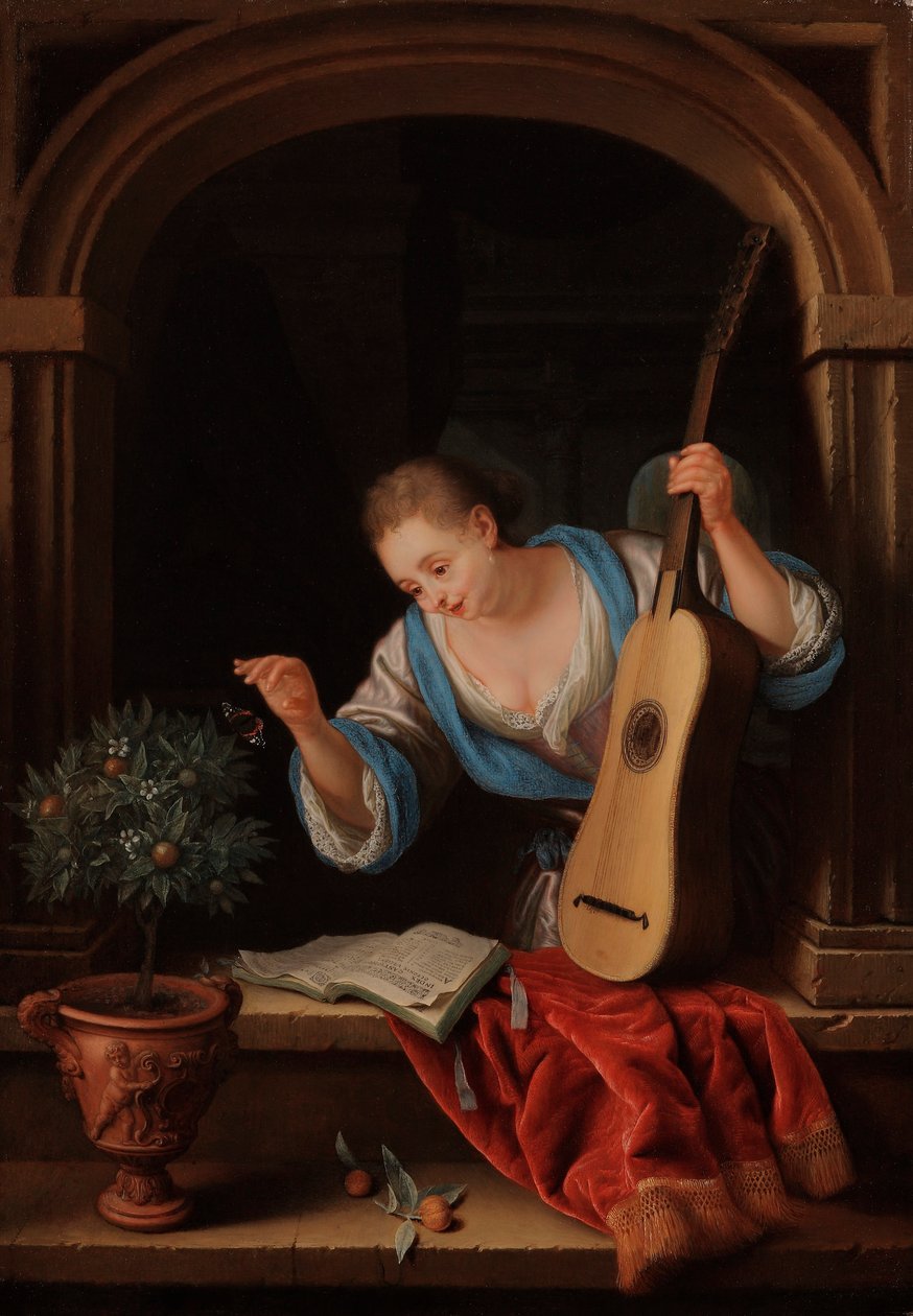 Una giovane donna con una chitarra in una nicchia della finestra da Pieter Leermans