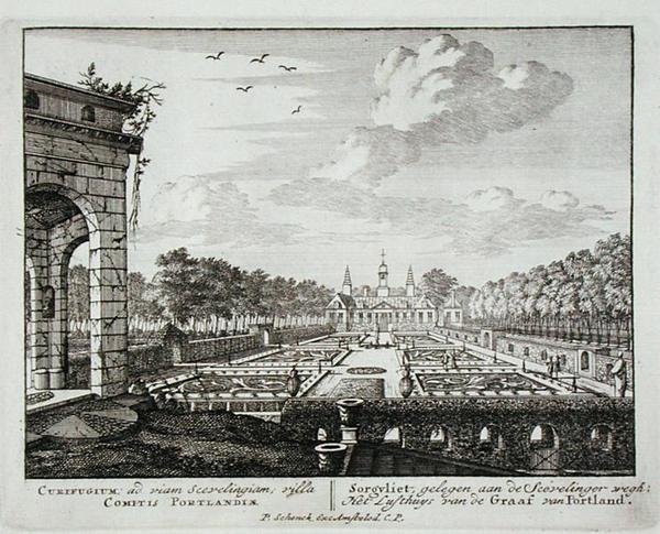 La casa e il giardino a Sorgvliet, sede di Hans Willem Bentinck, dal Admirandorum Quadruplex Spectaculum, di Jan van Call da Pieter Schenk