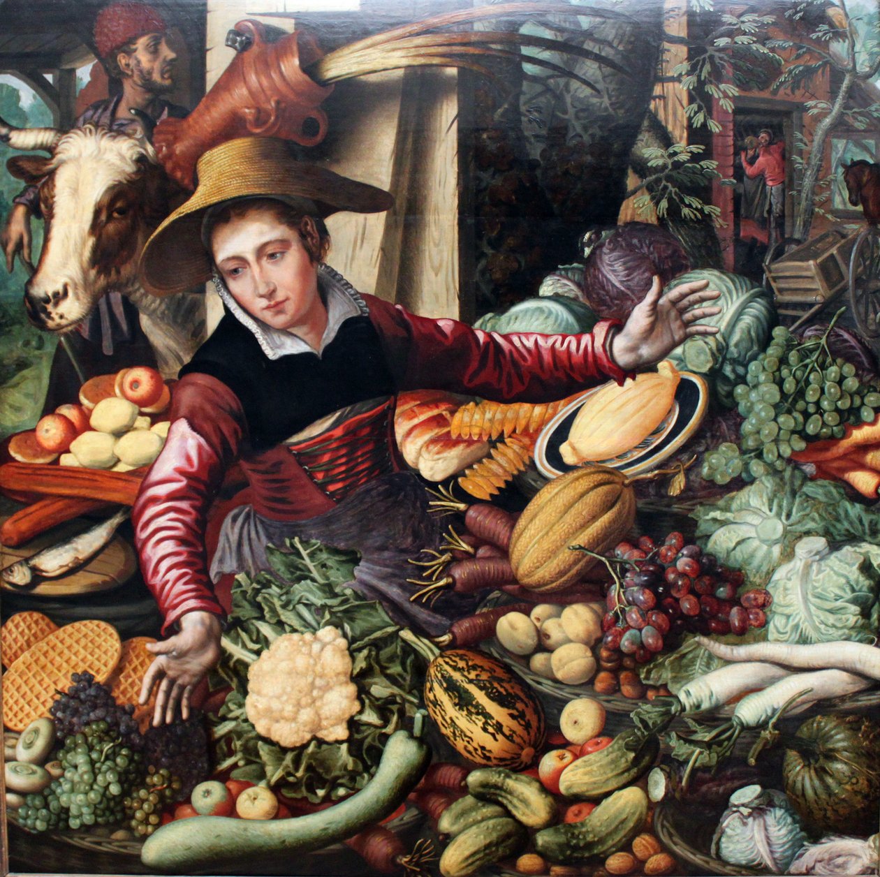 Tedesco: Donna del mercato alla bancarella di verdure Il venditore di verdure da Pieter Aertsen