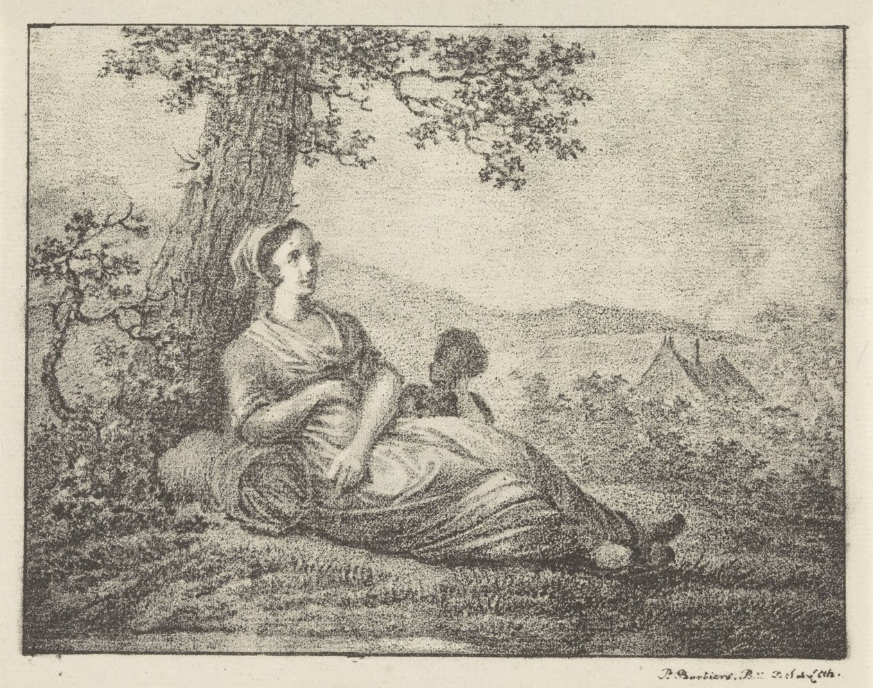 Donna riposante vicino a un albero da Pieter Bartholomeusz. Barbiers