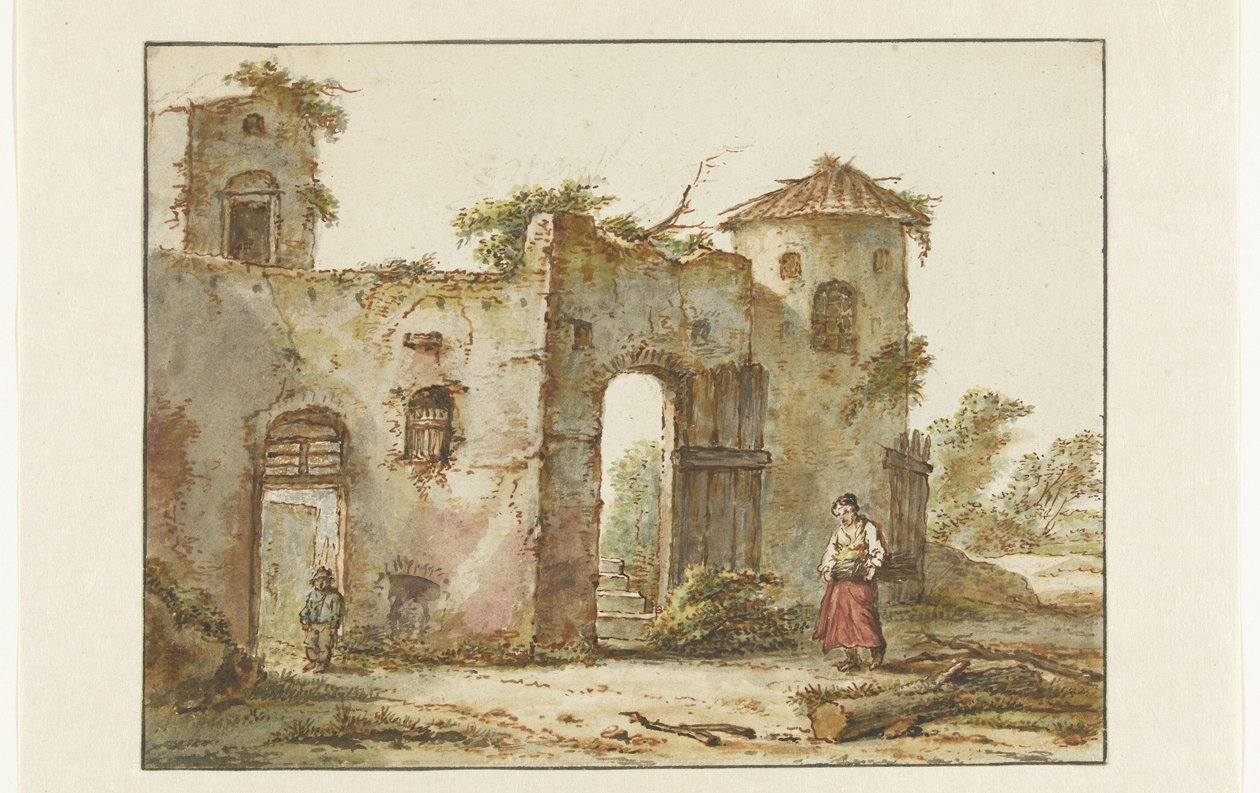 Edificio in rovina con raccoglitrice di legna a destra da Pieter Bartholomeusz. Barbiers