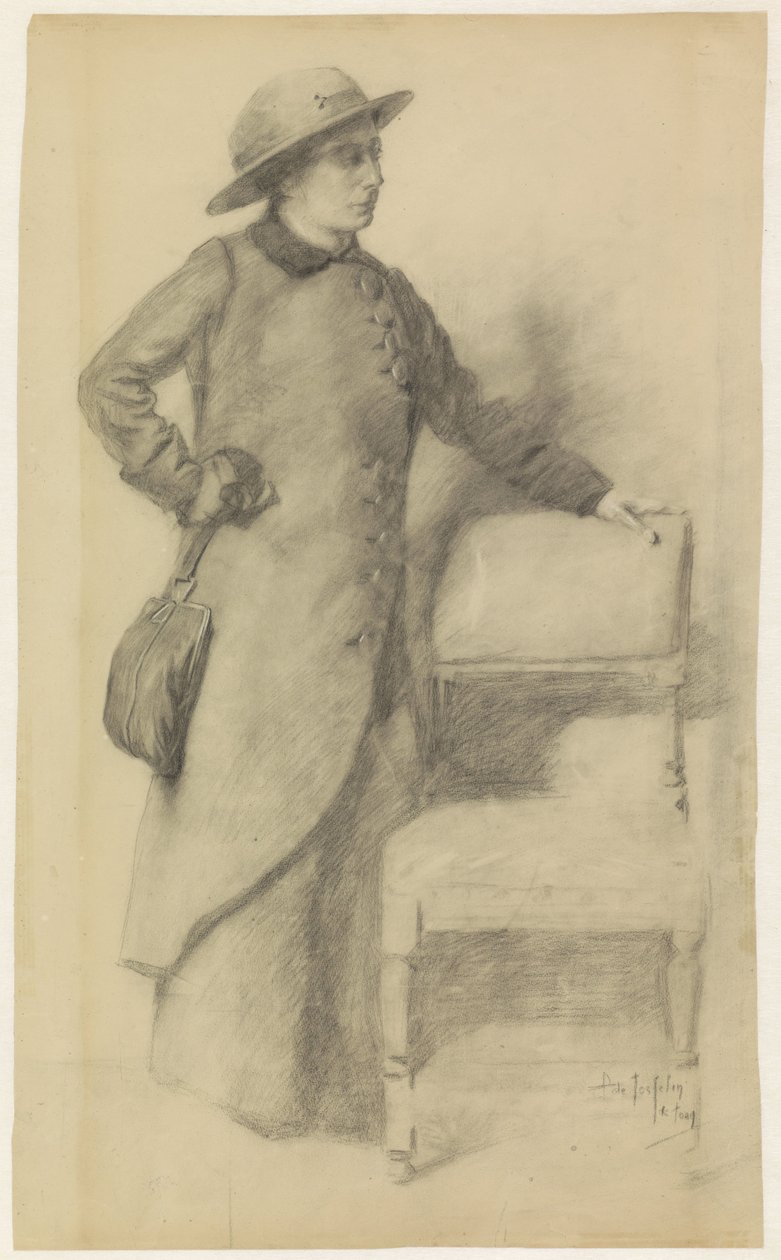 Donna in piedi con cappello e mantello da Pieter de Josselin