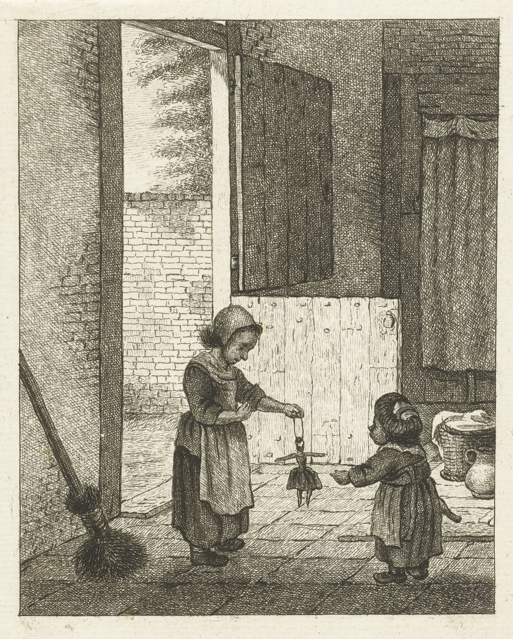 Due ragazze che giocano con una bambola da Pieter de Mare