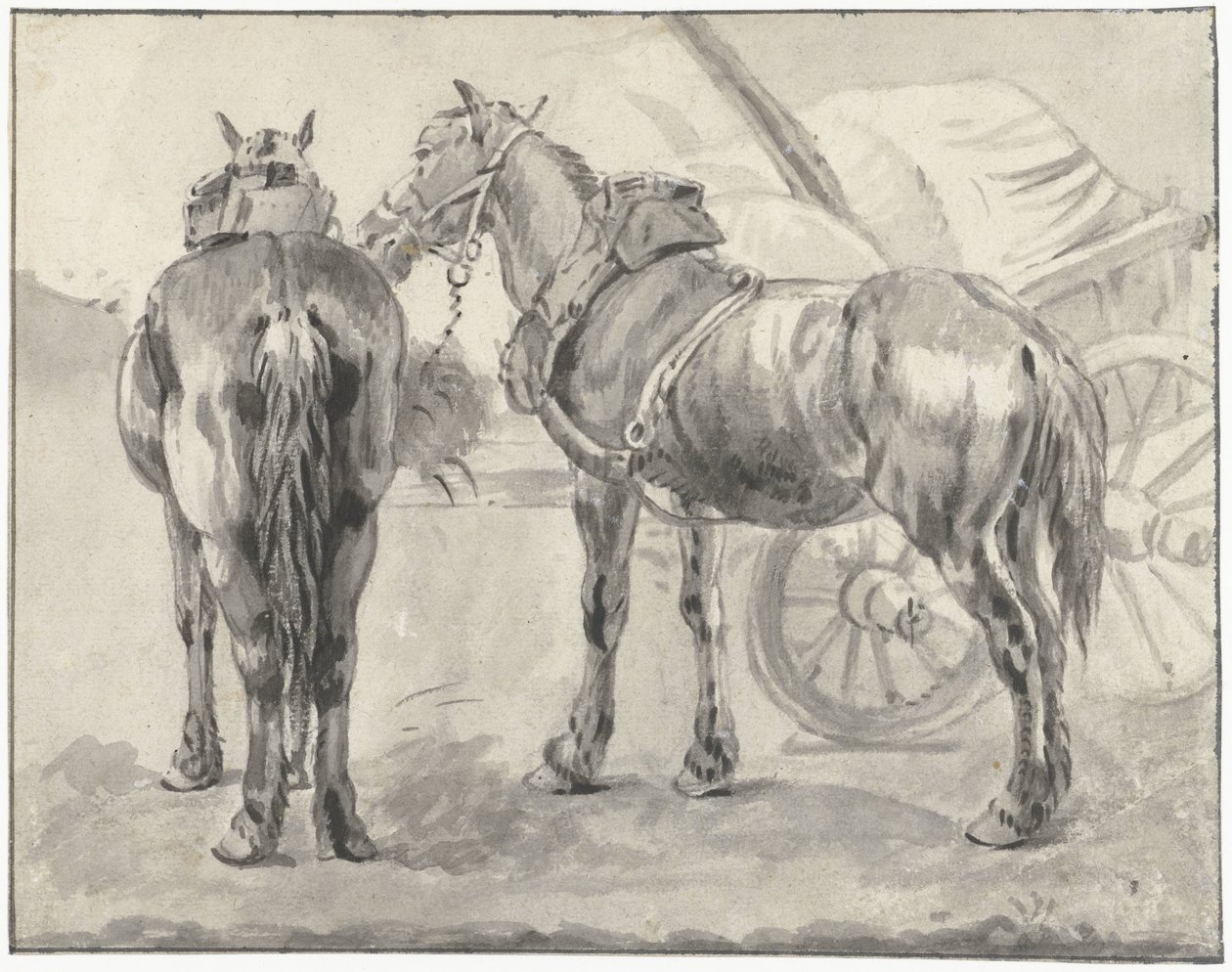 Due cavalli da tiro vicino a un carro da Pieter van Bloemen