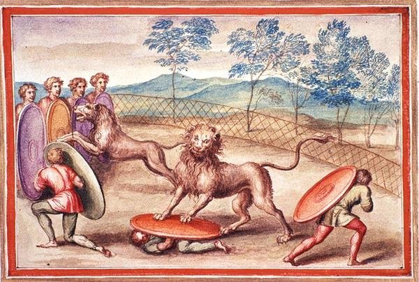 Ms Gen 1496 f.18 Domare i leoni da Pietro Santi Bartoli