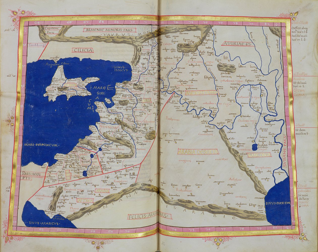 Ms Lat 463 f.111v-112r Mappa della Fenicia, Mesopotamia e Babilonia da Ptolemy