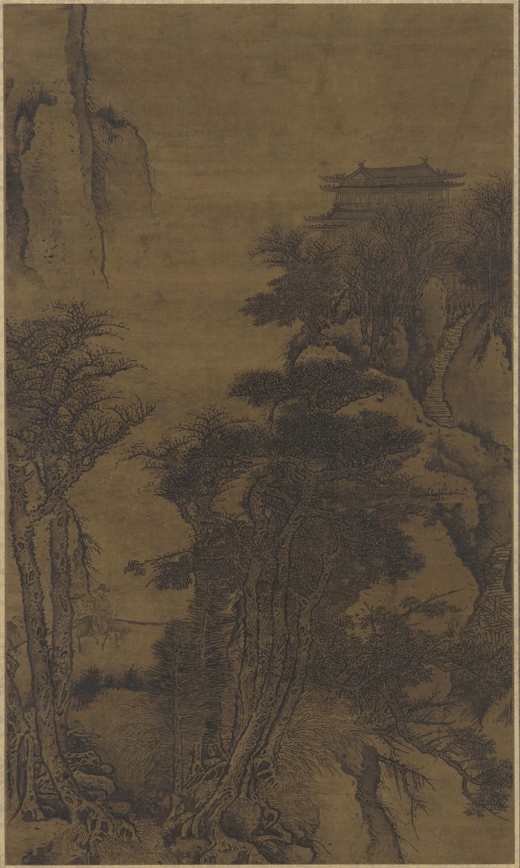 Paesaggio con tempio e viaggiatori da Qing Dynasty Chinese School