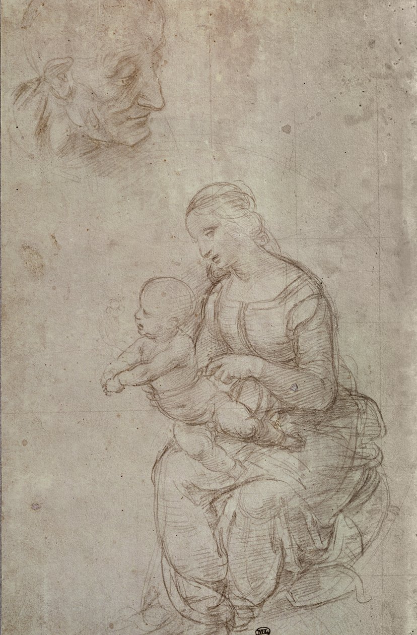 Madonna e bambino e testa di un vecchio (punta metallica su carta rosa pallido preparata) da Raffaello Sanzio Raphael