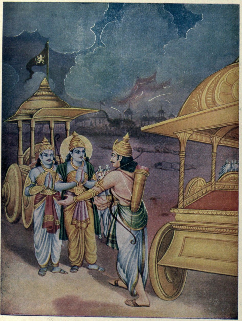 Ajuna e Srikrishna incontrano Yudhistira da Ramanarayanadatta astri