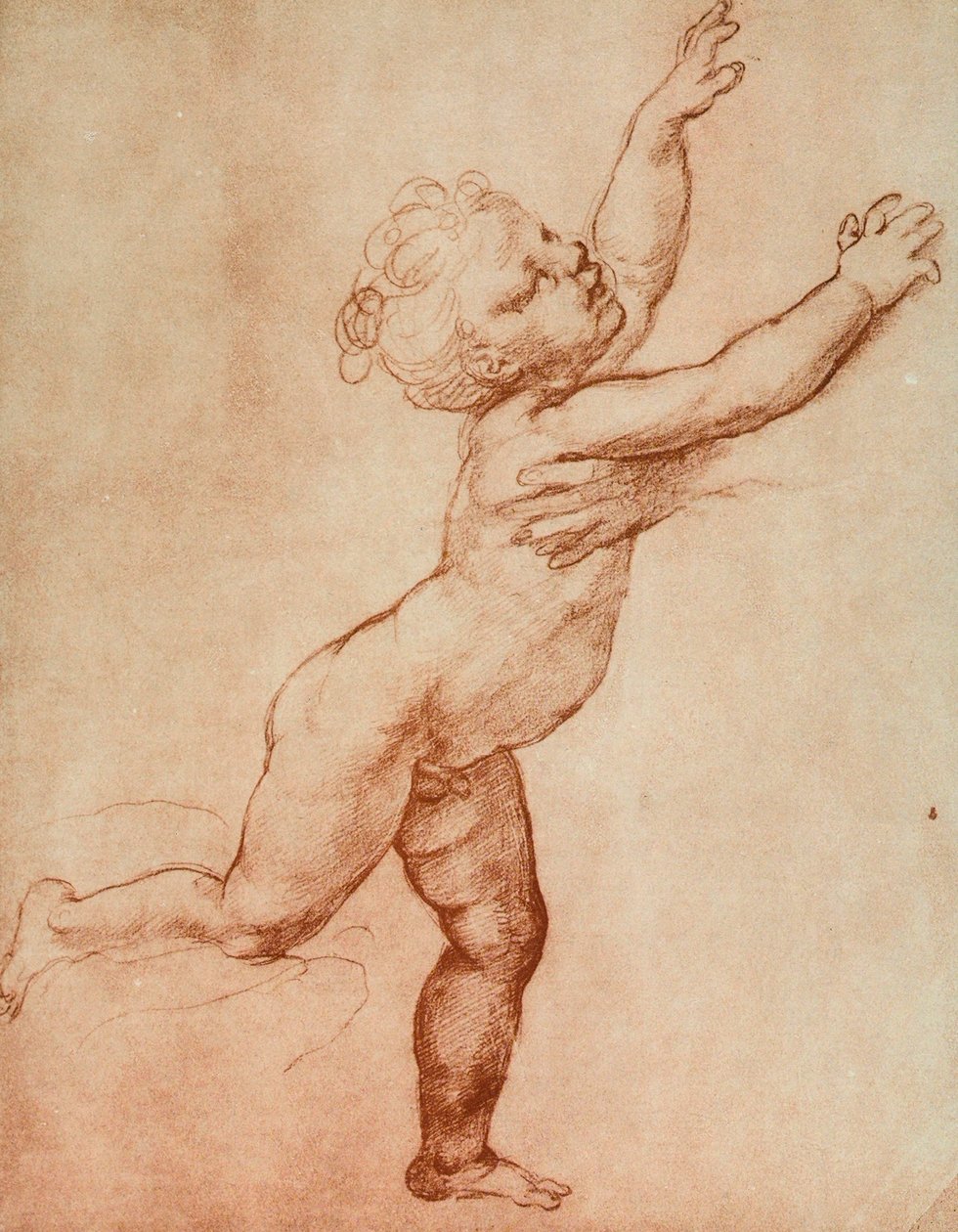 Disegno di un bambino che corre verso destra dove sembra esserci una persona che lo aspetta di cui si vede solo una mano da Raffaello Sanzio Raphael