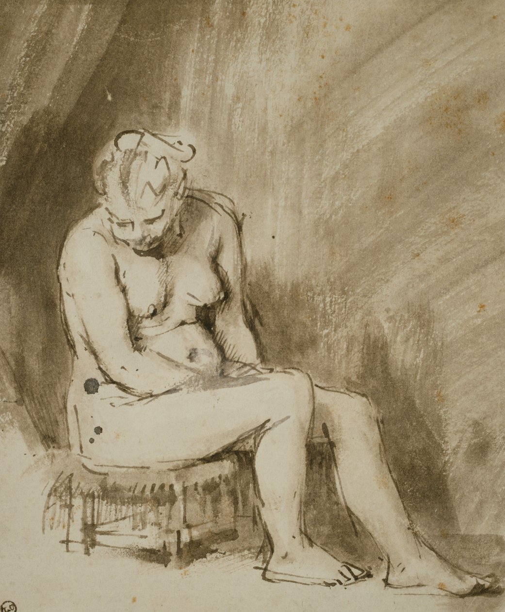 Donna nuda seduta su uno sgabello da Rembrandt van Rijn