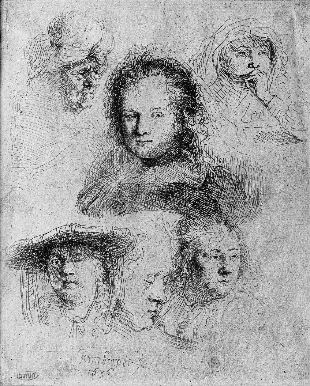 Sei teste con Saskia van Uylenburgh al centro da Rembrandt van Rijn