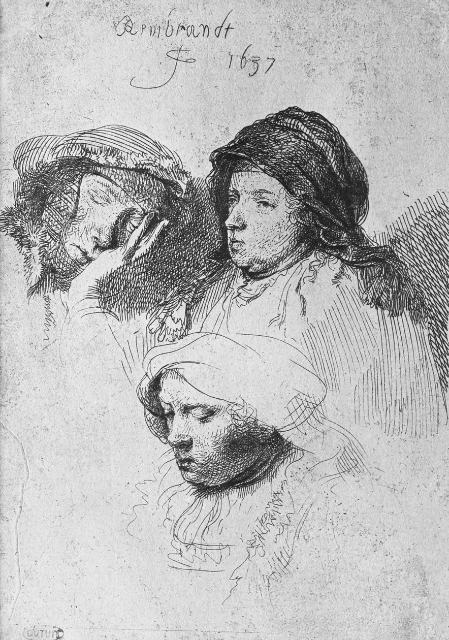 Tre teste femminili con una che dorme, 1637 da Rembrandt van Rijn