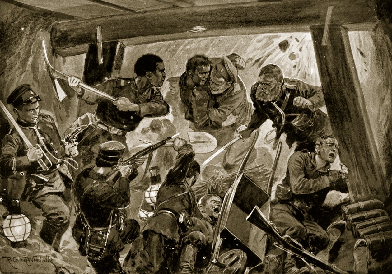 La guerra russo-giapponese: una lotta corpo a corpo nelle opere di terra a Port Arthur, illustrazione da 