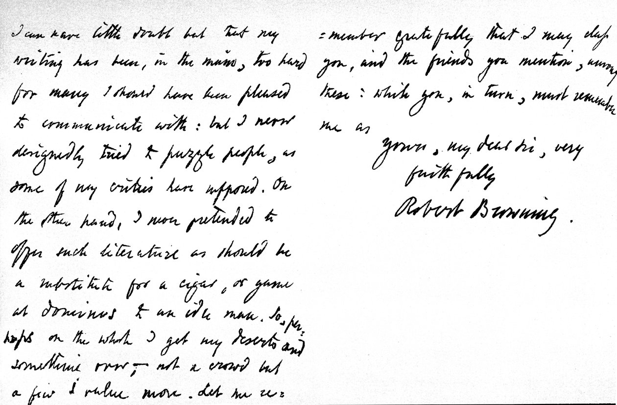 Lettera a William G. Kingsland, riguardante la presunta oscurità della sua poesia e scrittura, scritta al 19, Warwick Crescent, Upper Westbourne Terrace, Londra, 27 novembre 1868 da Robert Browning