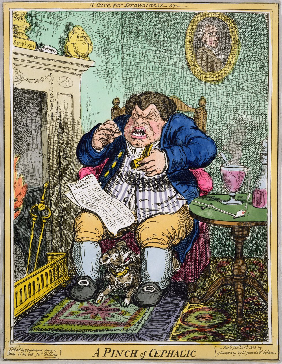 Una cura per la sonnolenza o un pizzico di cefalico, inciso da George Cruikshank (1792-1878), pubblicato da G. Humphrey, 25 gennaio 1822 da Robert Seymour
