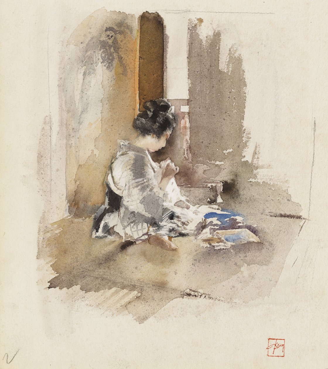 Ragazza Giapponese che Cuce, 1890 da Robert Frederick Blum