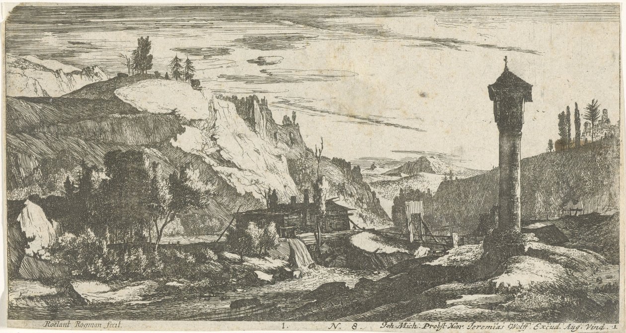 Paesaggio montuoso con colonna da Roelant Roghman
