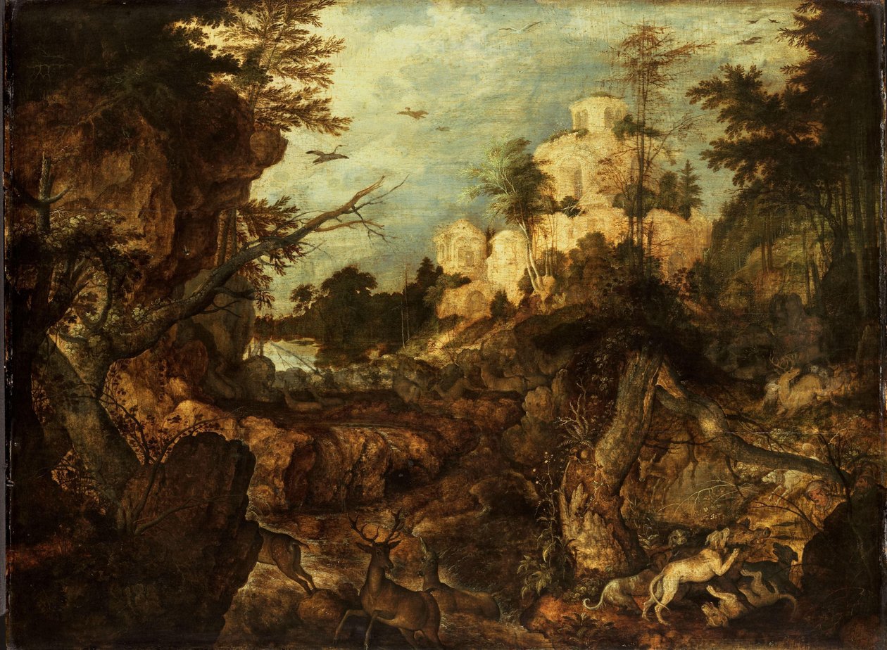 Caccia al cinghiale in un paesaggio roccioso da Roelant Savery