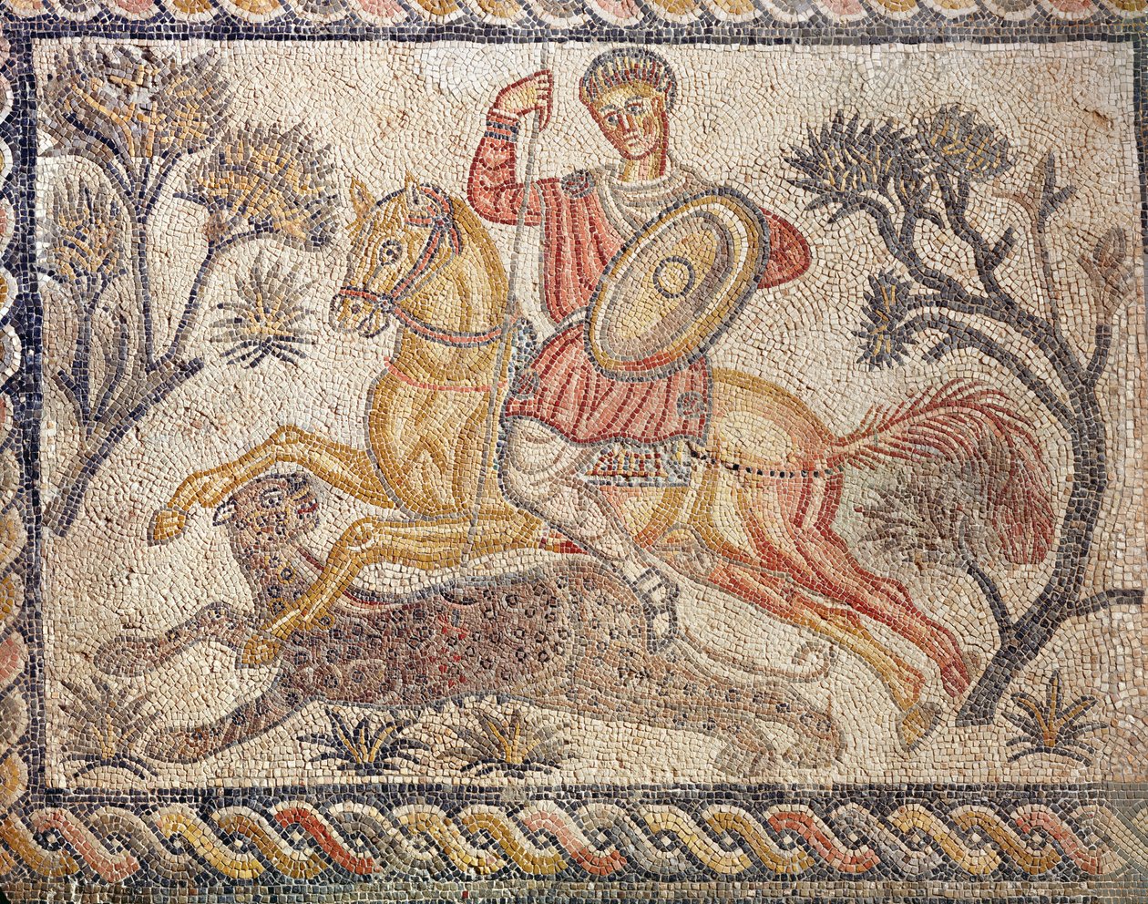 Un mosaico che raffigura una caccia al leopardo, dalla Villa de las Tiendas, c.326-400 da Roman