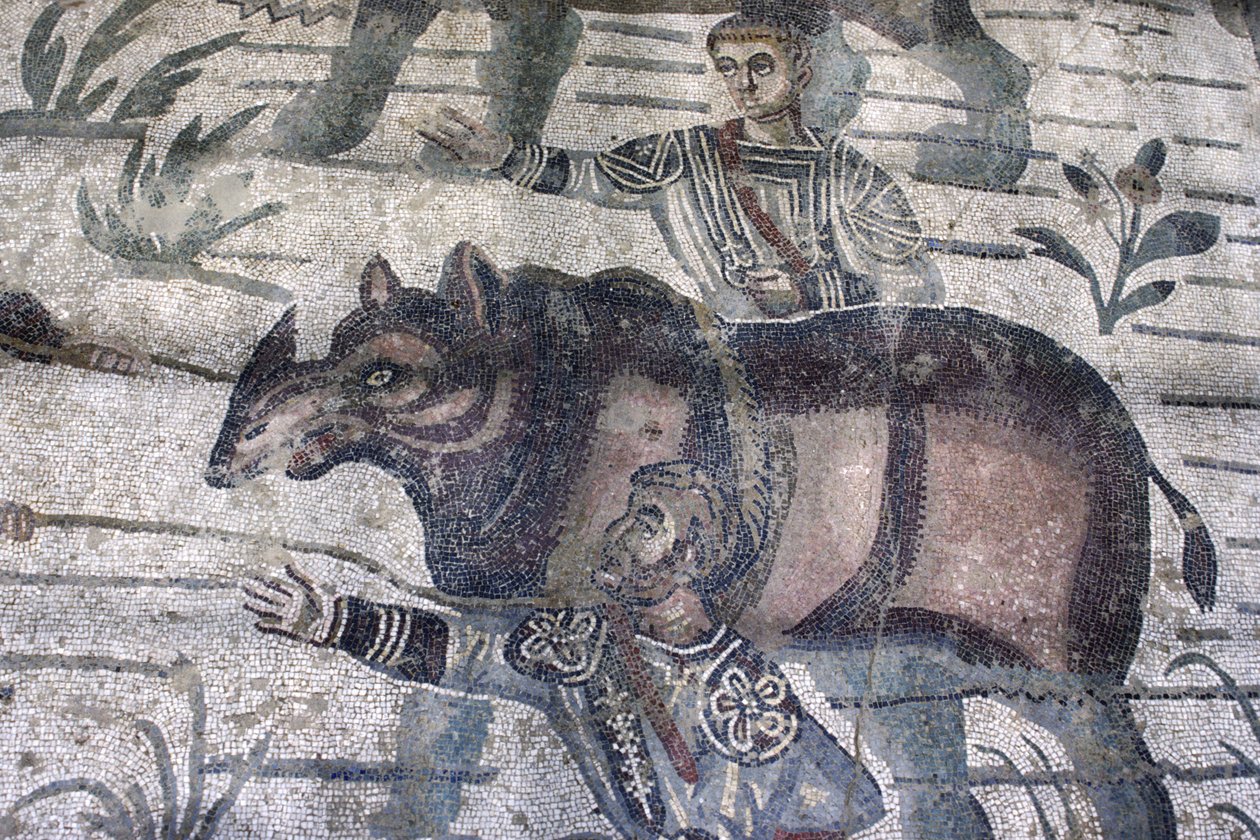Uomini che radunano un rinoceronte (mosaico) (dettaglio) da Roman