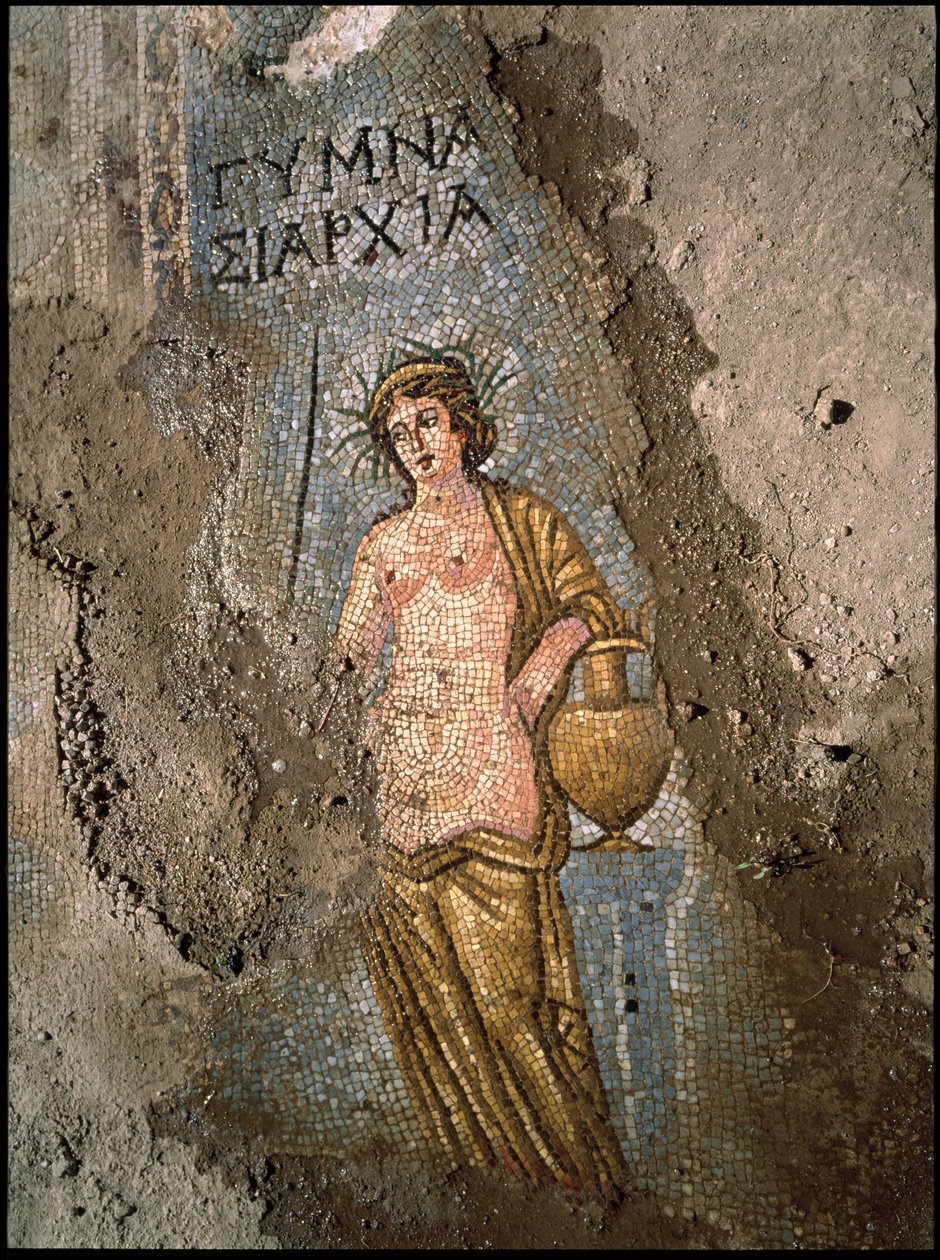 (dettaglio) del pavimento a mosaico raffigurante una donna da Roman